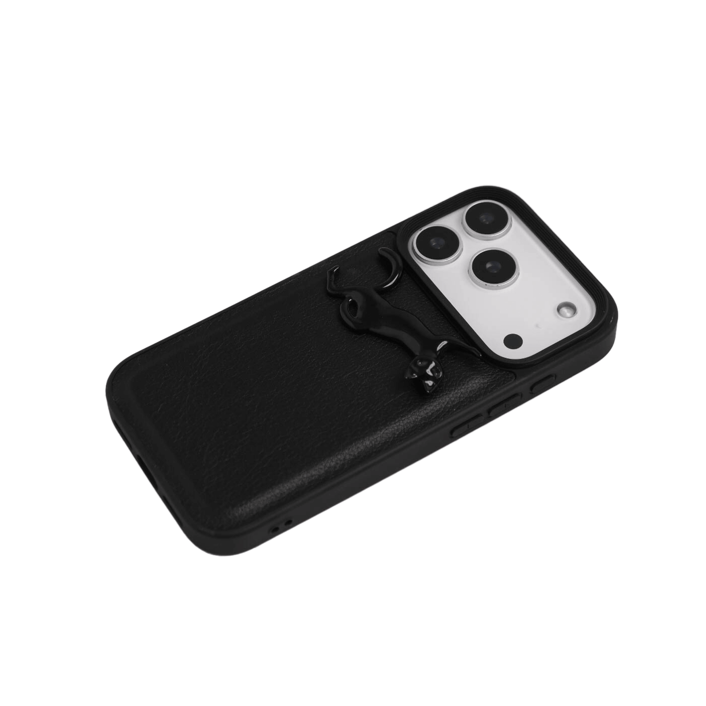 A high-end iPhone case featuring a 3D sculpted prowling cat with a reflective silver chrome finish. Available in two variations: a futuristic Reflective Silver base and a moody Sleek Black base, highlighting the fluid, muscular lines of the feline silhouette.