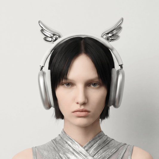 Person wearing futuristic silver headphones with horn-like extensions on a light gray background