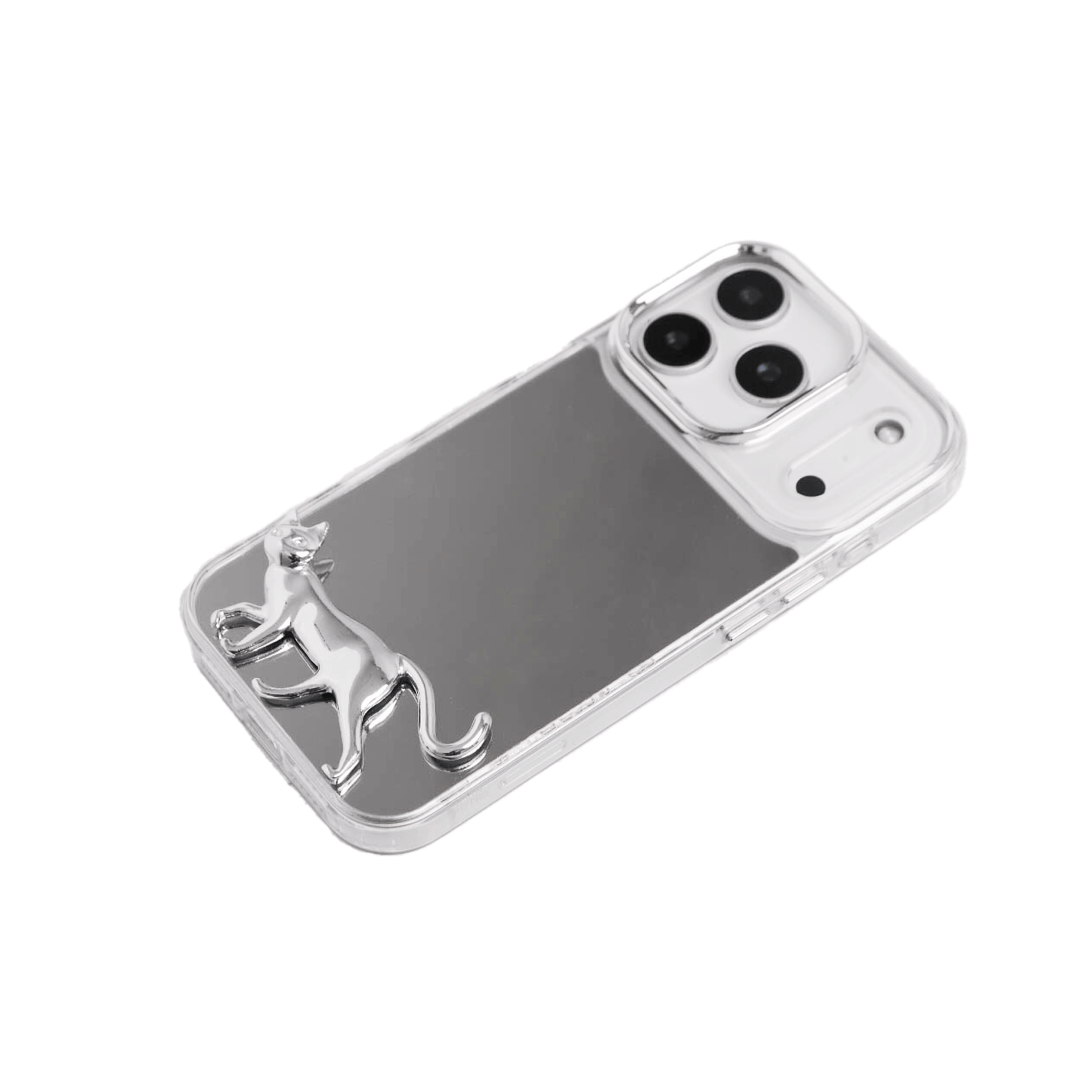 A minimalist and high-fashion iPhone case featuring a 3D sculpted cat in a walking pose with a reflective silver chrome finish. Available in two variations: a full Reflective Silver base for a futuristic look, and a Sleek Black base that creates a high-contrast, moody aesthetic.