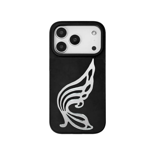 A premium iPhone case featuring a large 3D single butterfly wing made of reflective silver acrylic. The asymmetric design is shown in two variations: one on a Reflective Silver metallic base and another on a Sleek Black base, showcasing a blend of ethereal grace and cyber-chic industrial design.