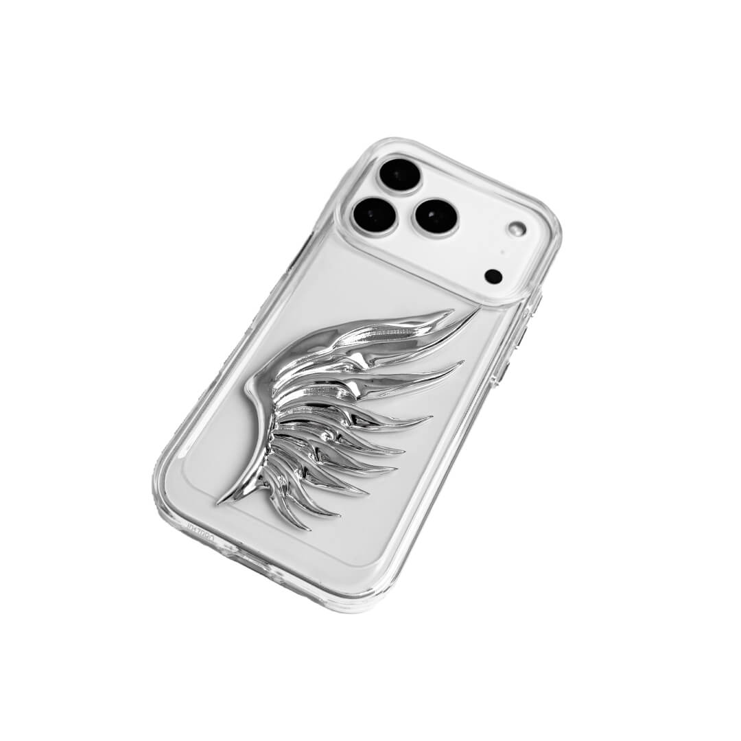 The Sculpted Silver Feather iPhone Case featuring a single 3D metallic feather with an intricate texture and high-shine chrome finish. Shown in three base variations: Silver, Transparent, and Black.