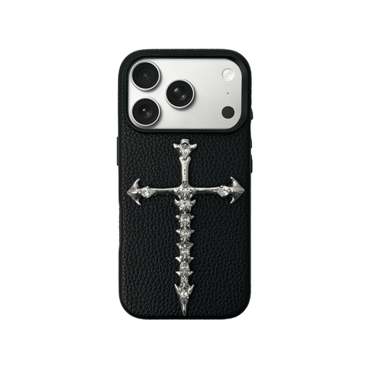 Phone case with a decorative cross design on a white background