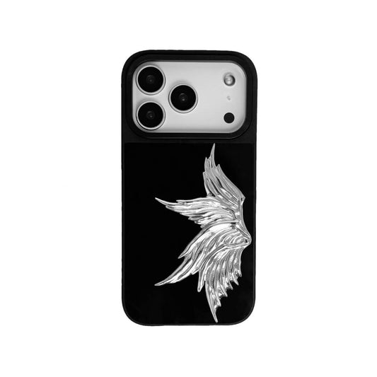 The Single Silver Angel Wing iPhone Case featuring a 3D sculpted silver metallic wing positioned on one side with an intricate feathered texture and high-shine chrome finish. Shown in three base variations: Silver, Transparent, and Black.