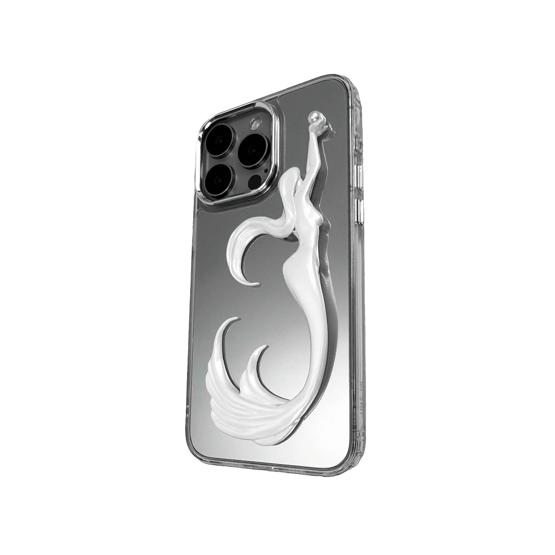 3D embossed mermaid figure arching upward with an outstretched arm, holding a pearl, sculpted on matte iPhone case.