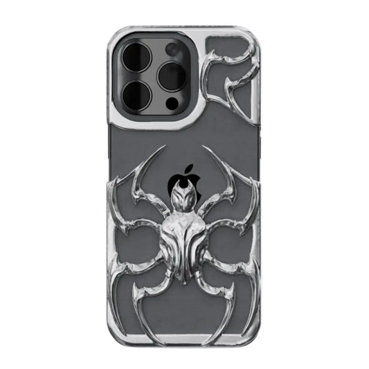 Futuristic silver spider iPhone case with bold 3D metallic spider design and sharp angular legs wrapping around a black base – perfect for edgy, cyber-inspired looks.