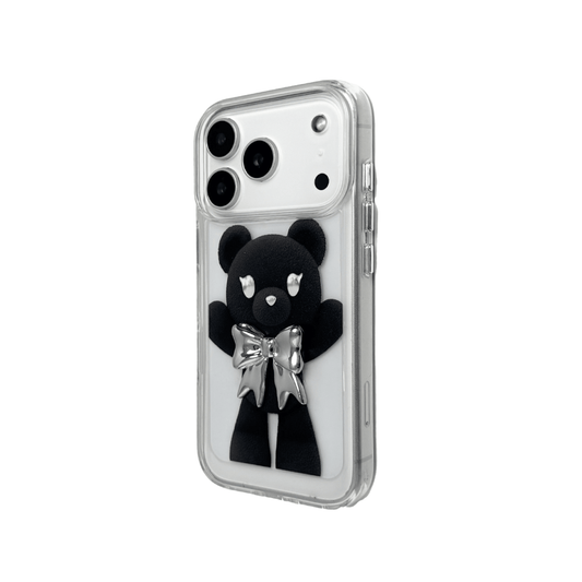 A transparent iPhone case featuring three different standing black bear illustrations, each wearing a silver or metallic grey bow tie. The bears are positioned in varied vertical poses.