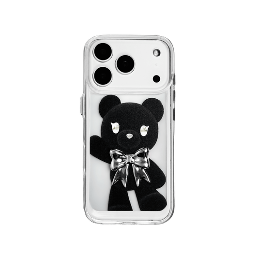 A transparent iPhone case featuring three different standing black bear illustrations, each wearing a silver or metallic grey bow tie. The bears are positioned in varied vertical poses.