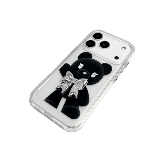 A transparent iPhone case featuring three different standing black bear illustrations, each wearing a silver or metallic grey bow tie. The bears are positioned in varied vertical poses.