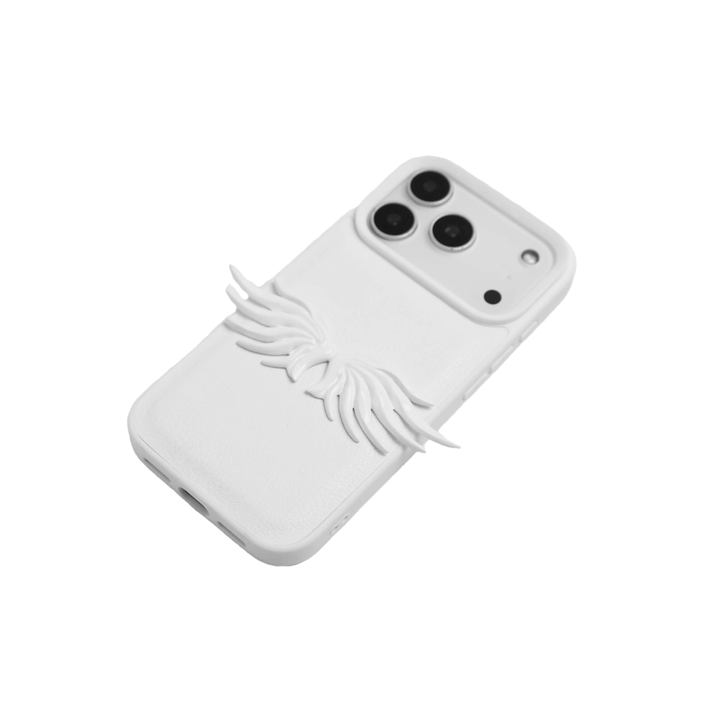The Tiny Angel Wings iPhone Case featuring a pair of small, symmetrical 3D sculpted white wings on the lower portion of the case. Available in two base options: Crystal Clear (Transparent) and White Lychee Leather.