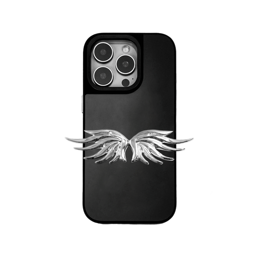 The Tiny Silver Angel Wings iPhone Case featuring a pair of small, symmetrical 3D sculpted silver wings with a high-shine chrome finish. Available in three base variations: Silver, Transparent, and Black.