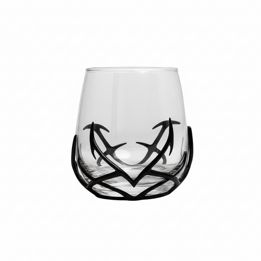 Clear glass with black decorative design on a white background