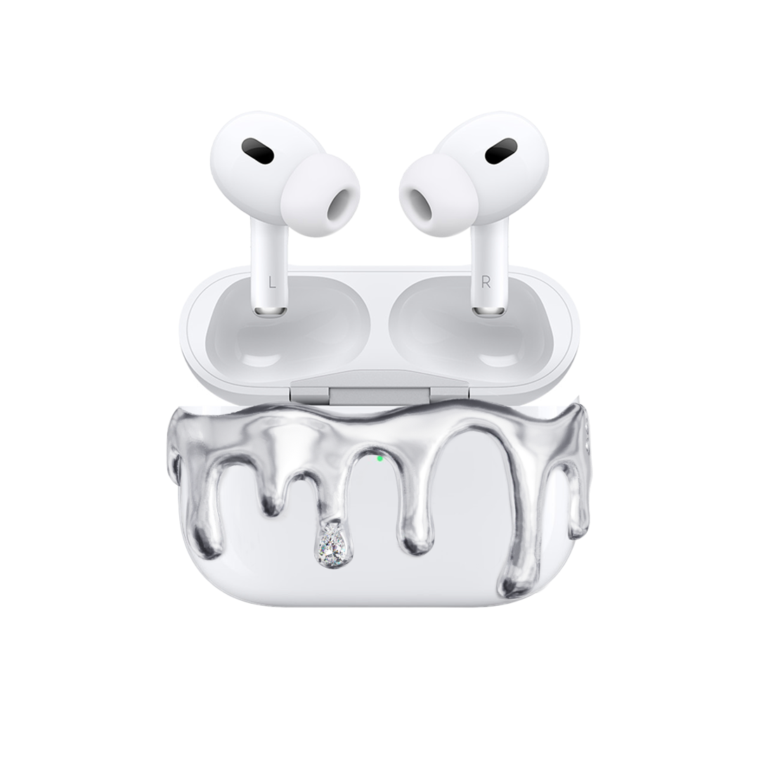 AirPods case with silver molten drip design and embedded crystals, resembling melted metal frozen mid-flow for a luxe, futuristic look.