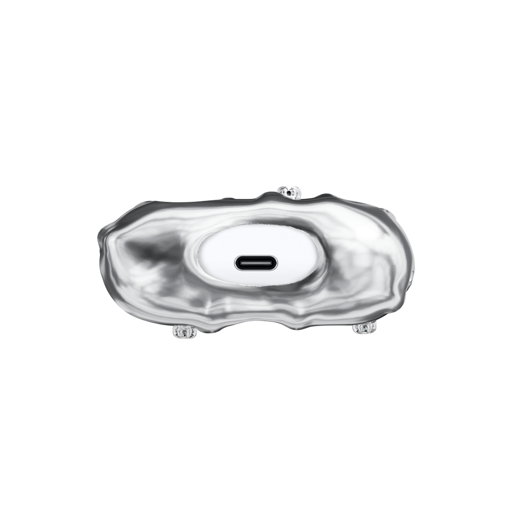 AirPods case with upward-flowing silver surge design, featuring crystal accents at the tips of molten-like peaks for a rising liquid metal effect