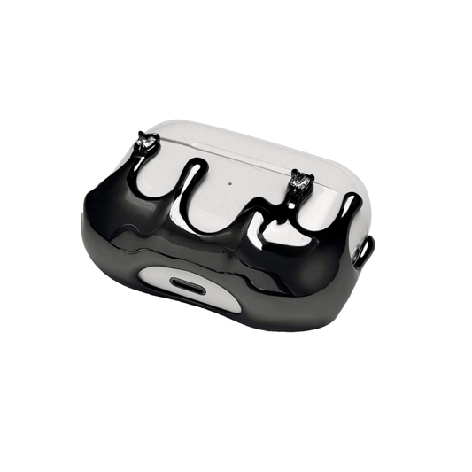 AirPods case with upward-flowing silver surge design, featuring crystal accents at the tips of molten-like peaks for a rising liquid metal effect.