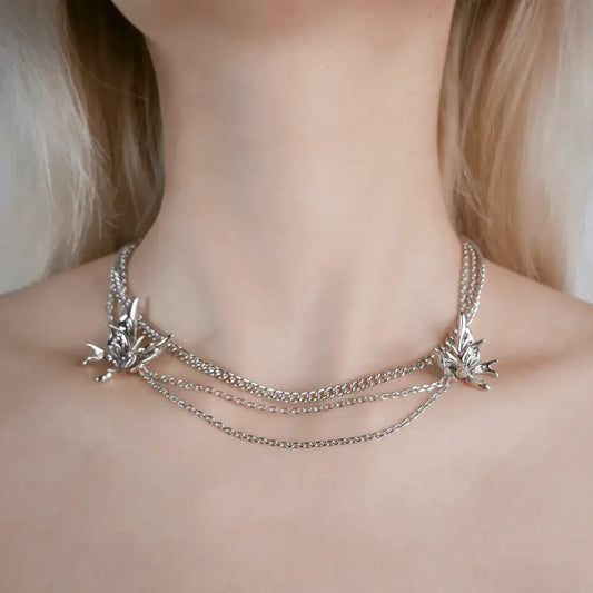 necklace, double butterfly, silver, xtended identity