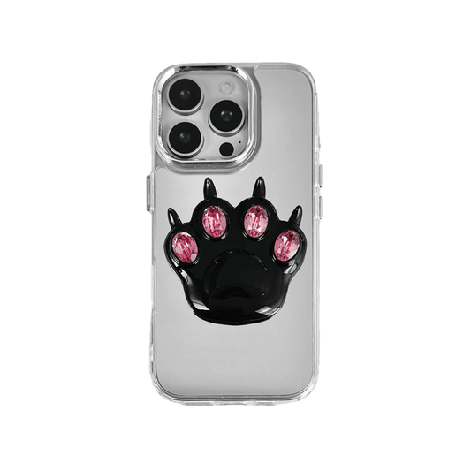GEM CAT PAW iPhone Case with a black or silver sculpted cat paw design, set with Swarovski crystals in black, white, or pink, shown with pink crystals on a mirror-finish background.