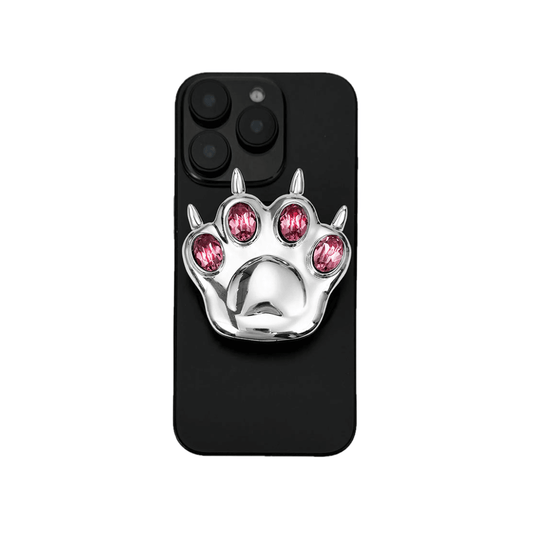 GEM CAT PAW phone grip with black or silver cat paw design, adorned with Swarovski crystals in black, white, or pink.