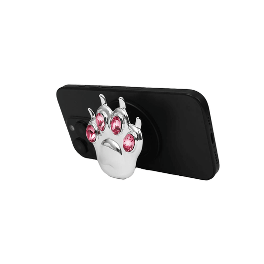 GEM CAT PAW phone grip with black or silver cat paw design, adorned with Swarovski crystals in black, white, or pink.