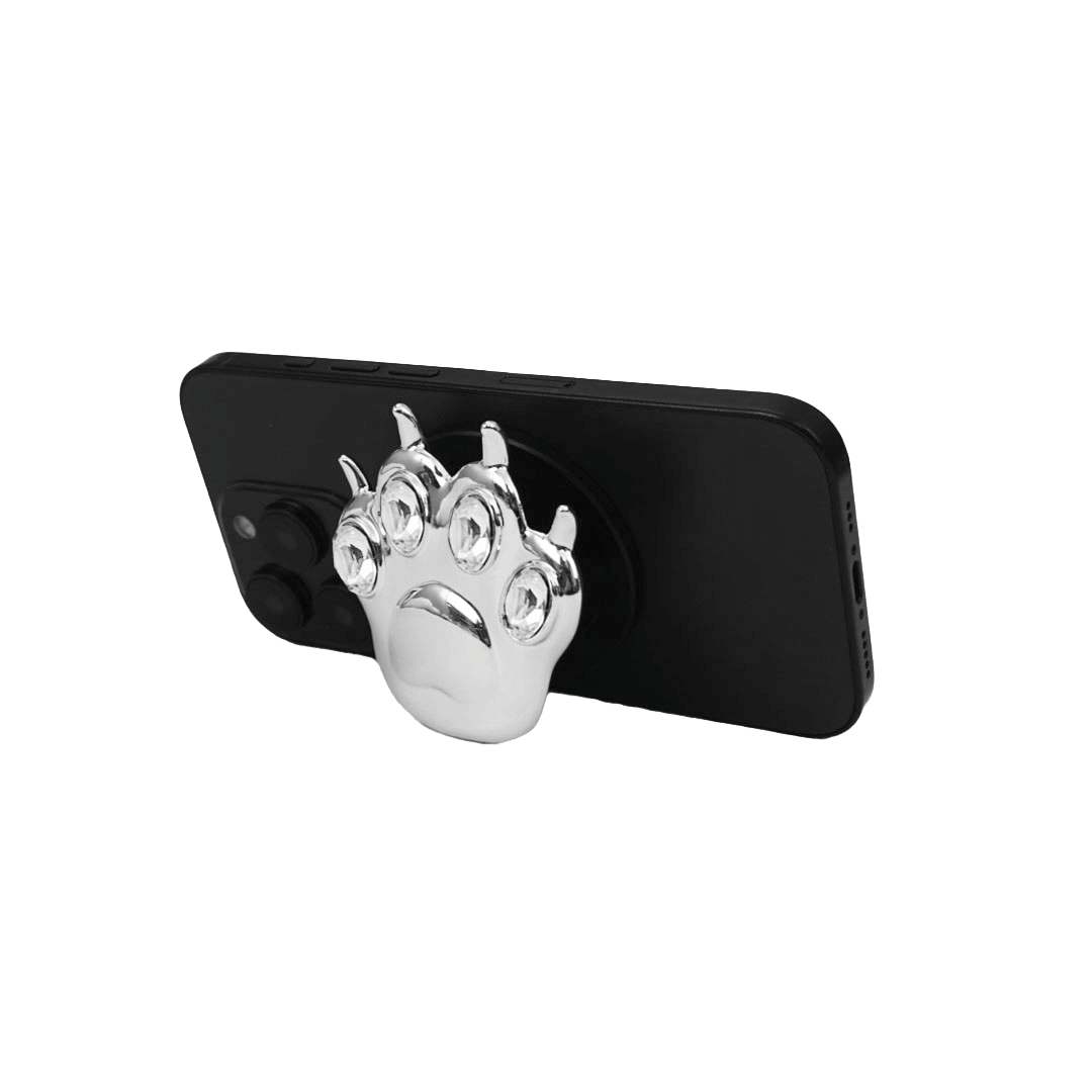 GEM CAT PAW phone grip with black or silver cat paw design, adorned with Swarovski crystals in black, white, or pink.