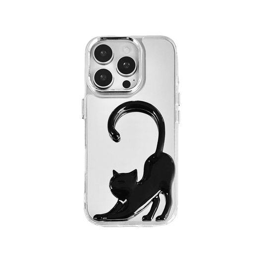Stretching Cat iPhone Case with a sculptural cat design, available in black, silver, and white, on a mirror-finish background.