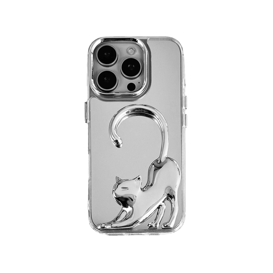 Stretching Cat iPhone Case with a sculptural cat design, available in black, silver, and white, on a mirror-finish background.