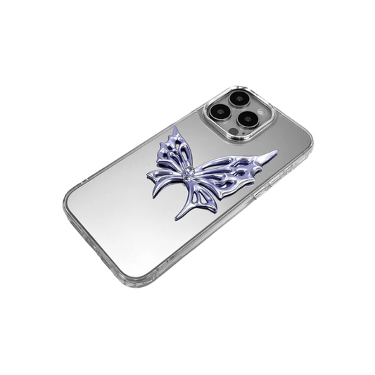 Clear iPhone case with metallic butterfly and embedded gemstone – futuristic chrome wing design in limited-edition shadow tone