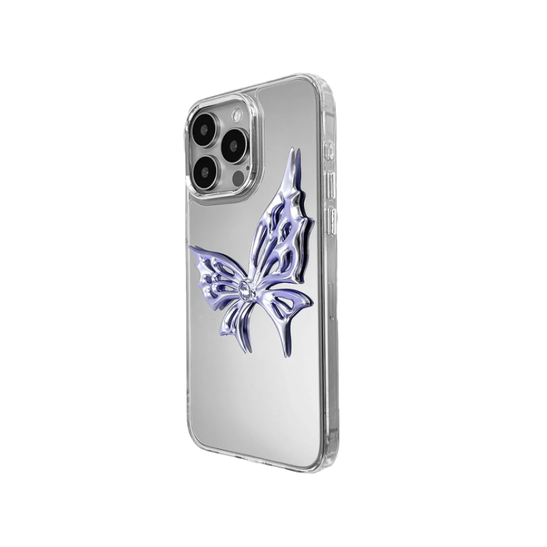 Clear iPhone case with metallic butterfly and embedded gemstone – futuristic chrome wing design in limited-edition shadow tone