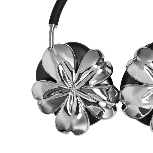 Sakura AirPods Max Covers with glossy pink and silver cherry blossom design on matte black earcups.