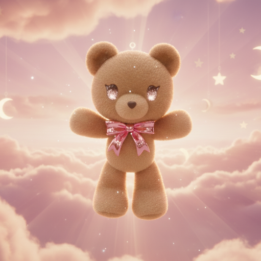 Teddy bear with a pink bow in a cloud-filled sky with stars and moons.