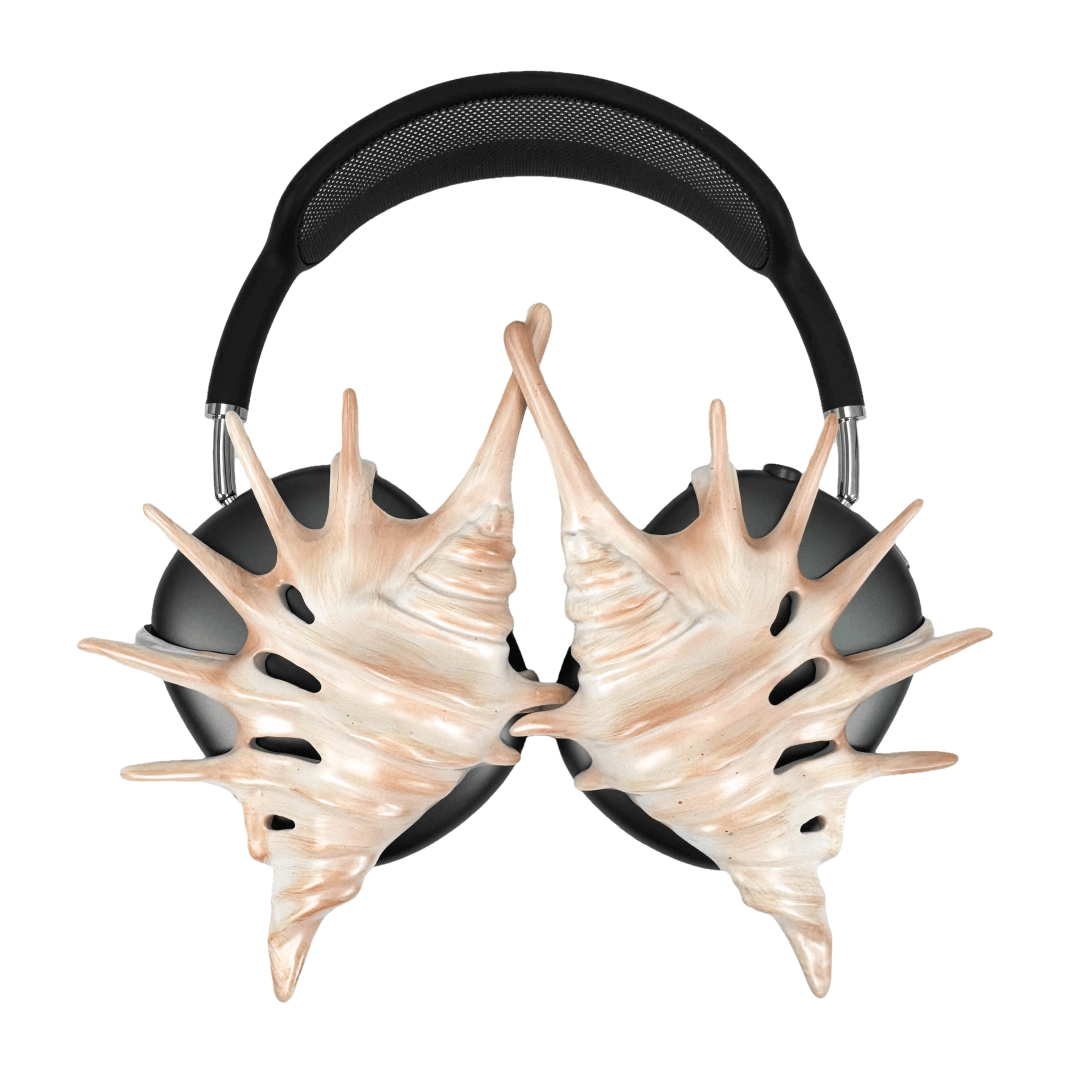 Over-ear Apple headphones adorned with spiky sculptural shells inspired by deep-sea murex forms, merging oceanic textures with bold acoustic design.