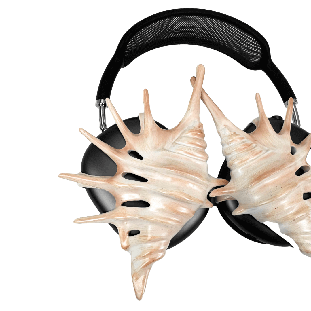 Over-ear Apple headphones adorned with spiky sculptural shells inspired by deep-sea murex forms, merging oceanic textures with bold acoustic design.