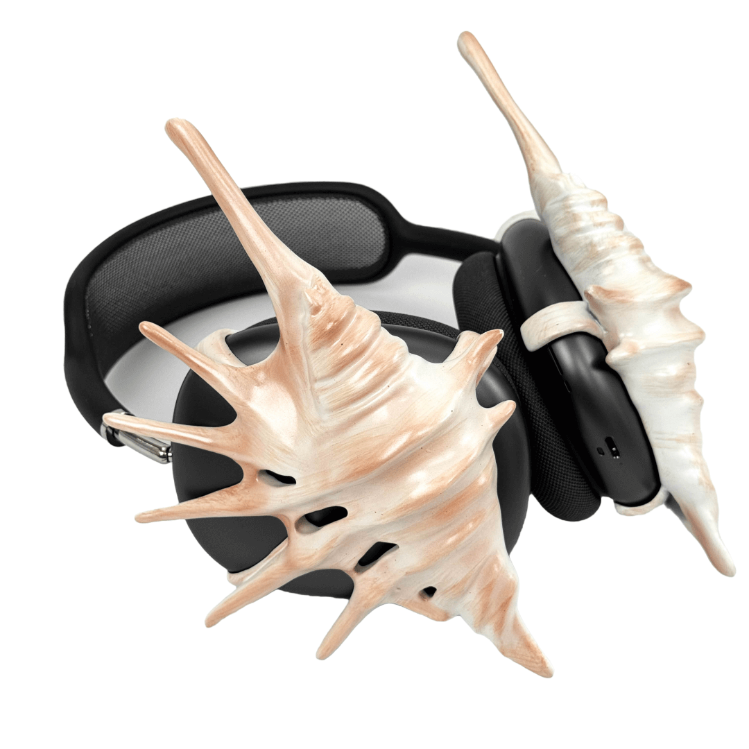 Over-ear Apple headphones adorned with spiky sculptural shells inspired by deep-sea murex forms, merging oceanic textures with bold acoustic design.