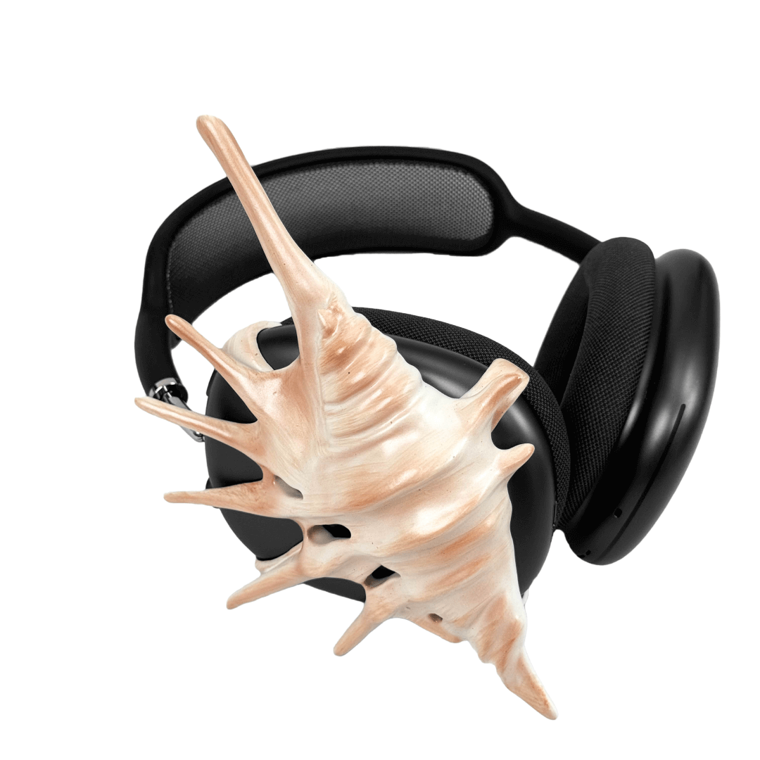 Over-ear Apple headphones adorned with spiky sculptural shells inspired by deep-sea murex forms, merging oceanic textures with bold acoustic design.