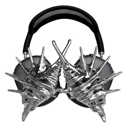 Over-ear Apple headphones adorned with spiky sculptural shells inspired by deep-sea murex forms, merging oceanic textures with bold acoustic design.
