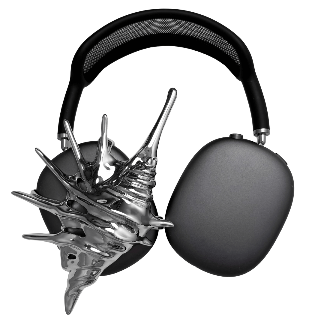 Over-ear Apple headphones adorned with spiky sculptural shells inspired by deep-sea murex forms, merging oceanic textures with bold acoustic design.