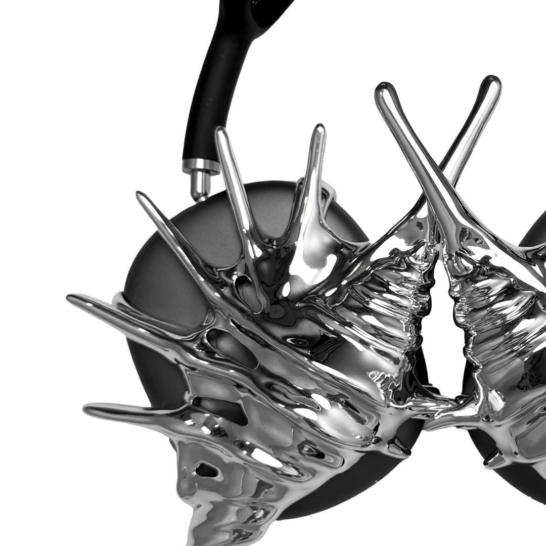 Over-ear Apple headphones adorned with spiky sculptural shells inspired by deep-sea murex forms, merging oceanic textures with bold acoustic design.