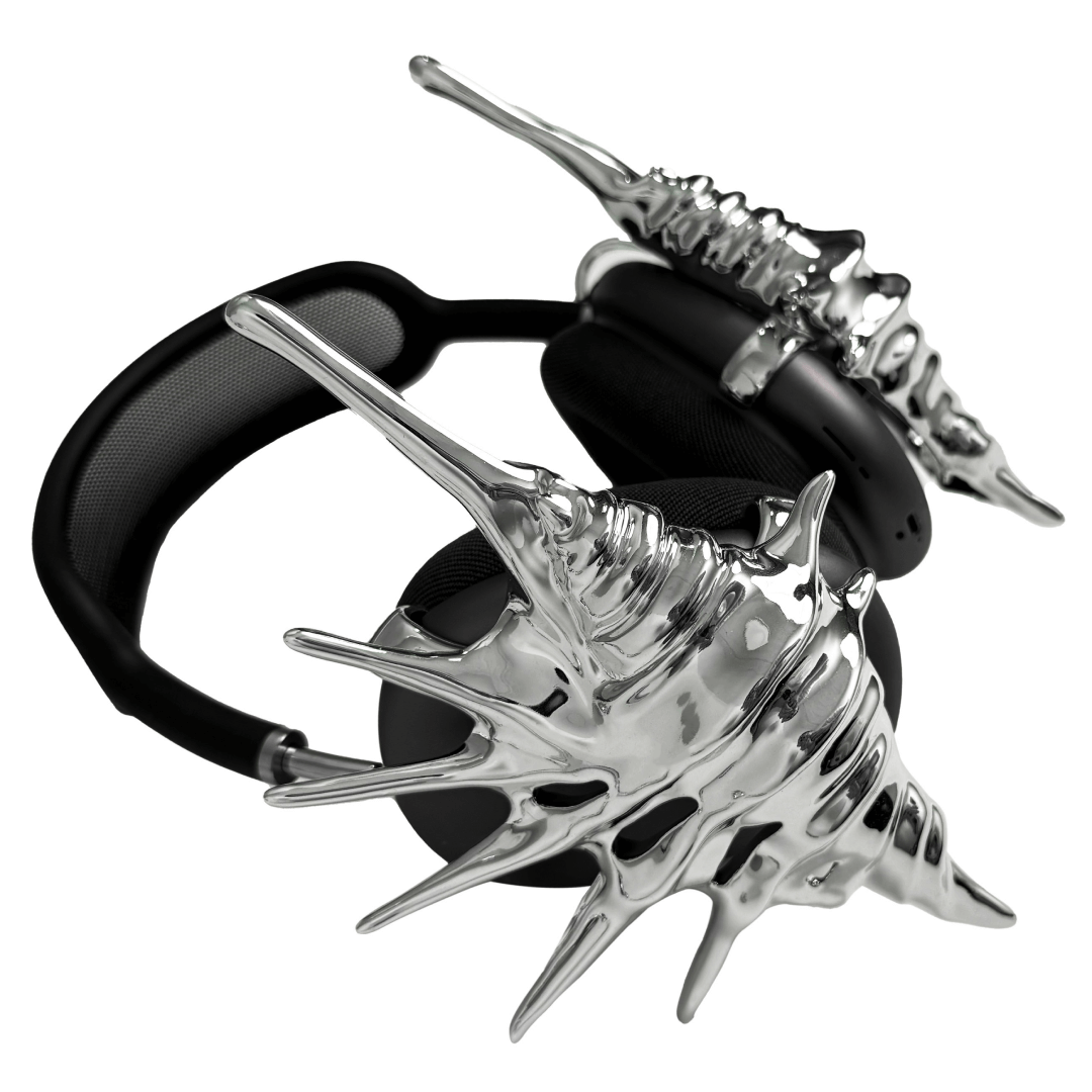 Over-ear Apple headphones adorned with spiky sculptural shells inspired by deep-sea murex forms, merging oceanic textures with bold acoustic design.