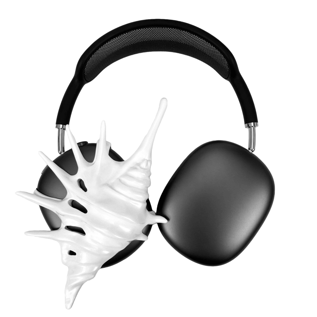 Over-ear Apple headphones adorned with spiky sculptural shells inspired by deep-sea murex forms, merging oceanic textures with bold acoustic design.