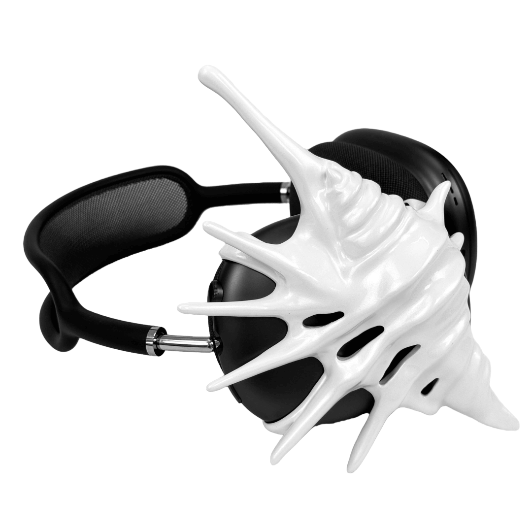 Over-ear Apple headphones adorned with spiky sculptural shells inspired by deep-sea murex forms, merging oceanic textures with bold acoustic design.