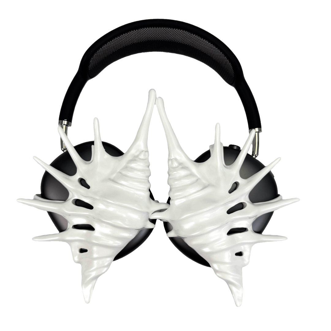 Over-ear Apple headphones adorned with spiky sculptural shells inspired by deep-sea murex forms, merging oceanic textures with bold acoustic design.