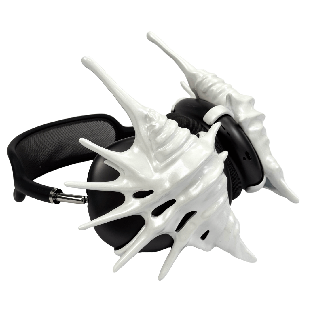 Over-ear Apple headphones adorned with spiky sculptural shells inspired by deep-sea murex forms, merging oceanic textures with bold acoustic design.