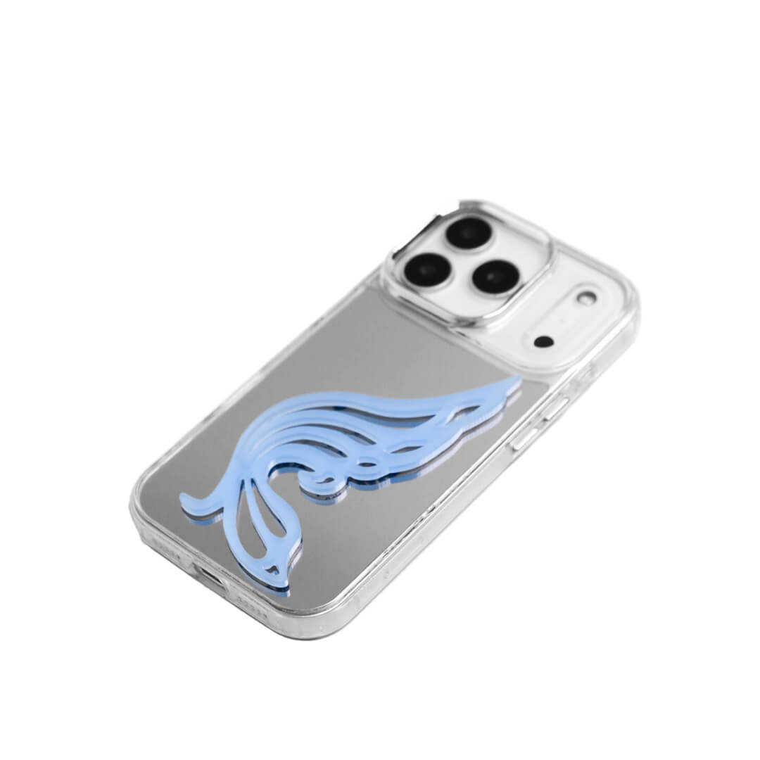 A stylish iPhone case featuring a 3D acrylic butterfly wing attachment with intricate, flowing cutouts. Available in two soft pastel colors: Sakura Pink and Azure Blue. The wing is shown mounted on a Clear Transparent base, highlighting its delicate, sculptural form.