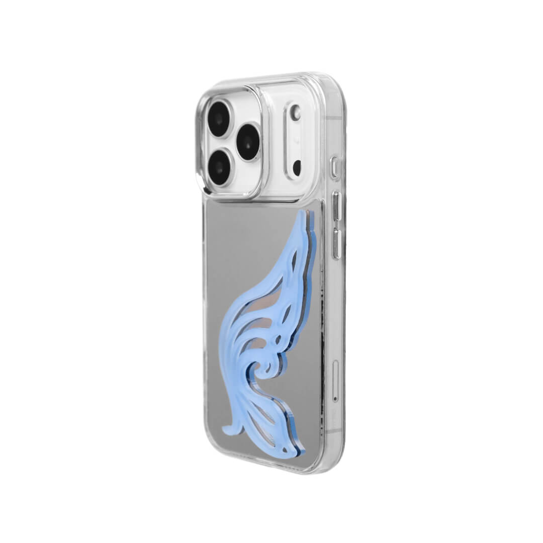 A stylish iPhone case featuring a 3D acrylic butterfly wing attachment with intricate, flowing cutouts. Available in two soft pastel colors: Sakura Pink and Azure Blue. The wing is shown mounted on a Clear Transparent base, highlighting its delicate, sculptural form.