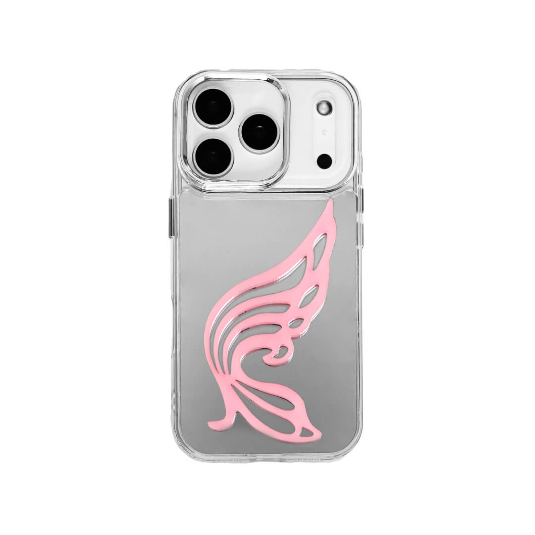 A stylish iPhone case featuring a 3D acrylic butterfly wing attachment with intricate, flowing cutouts. Available in two soft pastel colors: Sakura Pink and Azure Blue. The wing is shown mounted on a Clear Transparent base, highlighting its delicate, sculptural form.