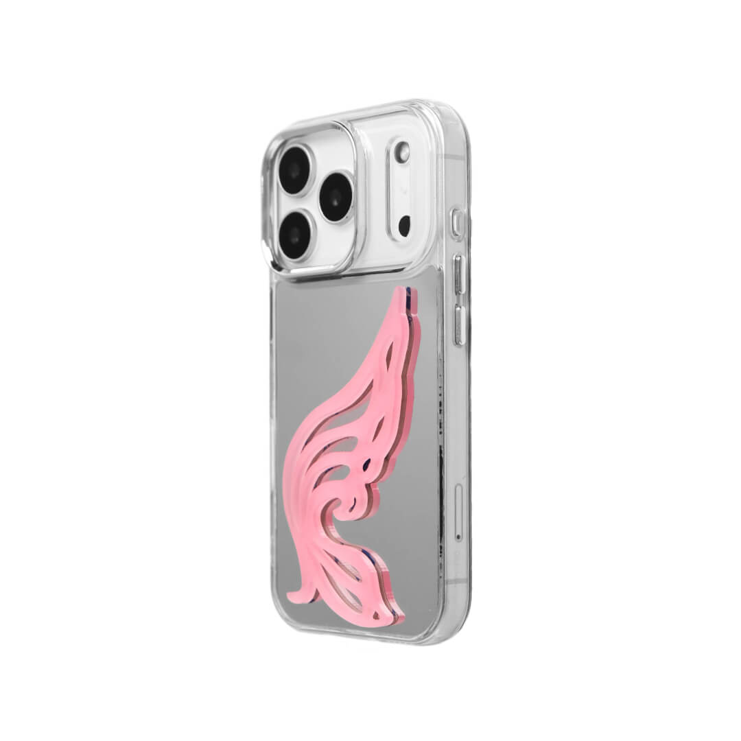 A stylish iPhone case featuring a 3D acrylic butterfly wing attachment with intricate, flowing cutouts. Available in two soft pastel colors: Sakura Pink and Azure Blue. The wing is shown mounted on a Clear Transparent base, highlighting its delicate, sculptural form.
