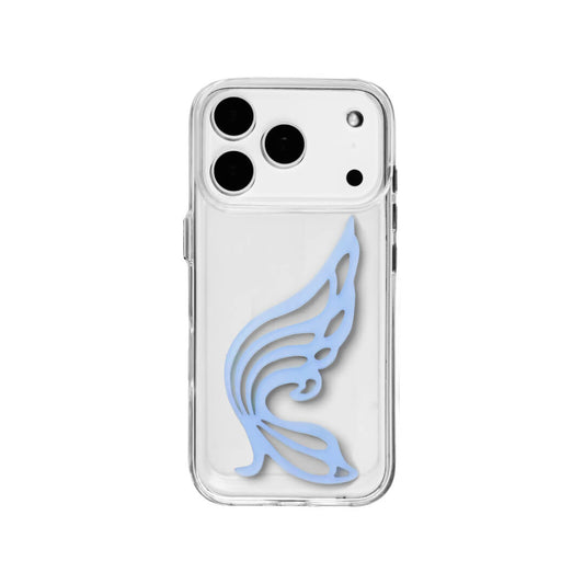 A stylish iPhone case featuring a 3D acrylic butterfly wing attachment with intricate, flowing cutouts. Available in two soft pastel colors: Sakura Pink and Azure Blue. The wing is shown mounted on a Clear Transparent base, highlighting its delicate, sculptural form.