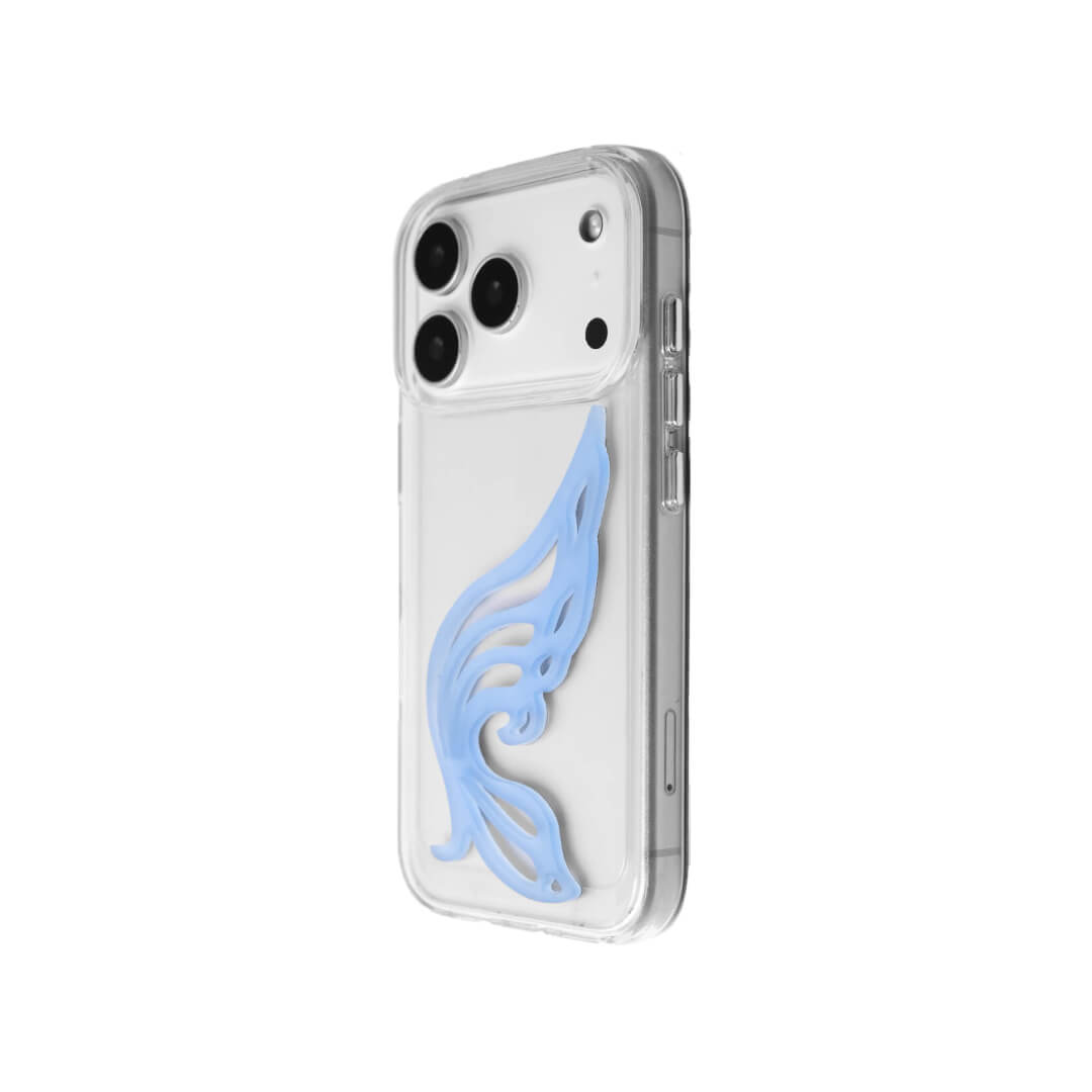 A stylish iPhone case featuring a 3D acrylic butterfly wing attachment with intricate, flowing cutouts. Available in two soft pastel colors: Sakura Pink and Azure Blue. The wing is shown mounted on a Clear Transparent base, highlighting its delicate, sculptural form.