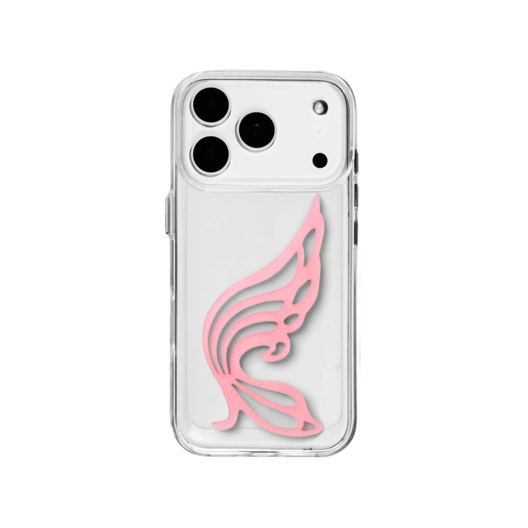 A stylish iPhone case featuring a 3D acrylic butterfly wing attachment with intricate, flowing cutouts. Available in two soft pastel colors: Sakura Pink and Azure Blue. The wing is shown mounted on a Clear Transparent base, highlighting its delicate, sculptural form.