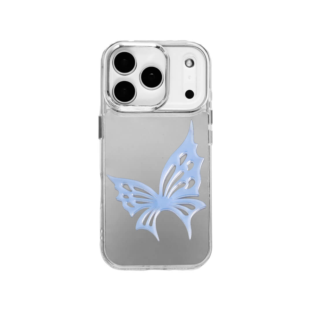 A luxury iPhone case featuring a large 3D acrylic butterfly ornament with delicate wing cutouts. Available in two translucent colors: Sakura Pink and Azure Blue. The butterfly is mounted on a Clear Transparent base, creating a romantic and ethereal floating effect.