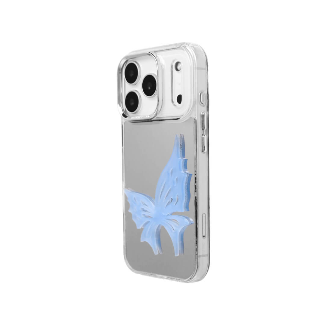 A luxury iPhone case featuring a large 3D acrylic butterfly ornament with delicate wing cutouts. Available in two translucent colors: Sakura Pink and Azure Blue. The butterfly is mounted on a Clear Transparent base, creating a romantic and ethereal floating effect.
